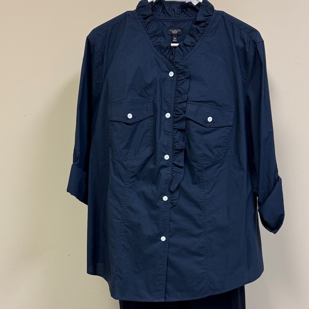 Talbots Navy Ruffled Button-Down Blouse - image 1